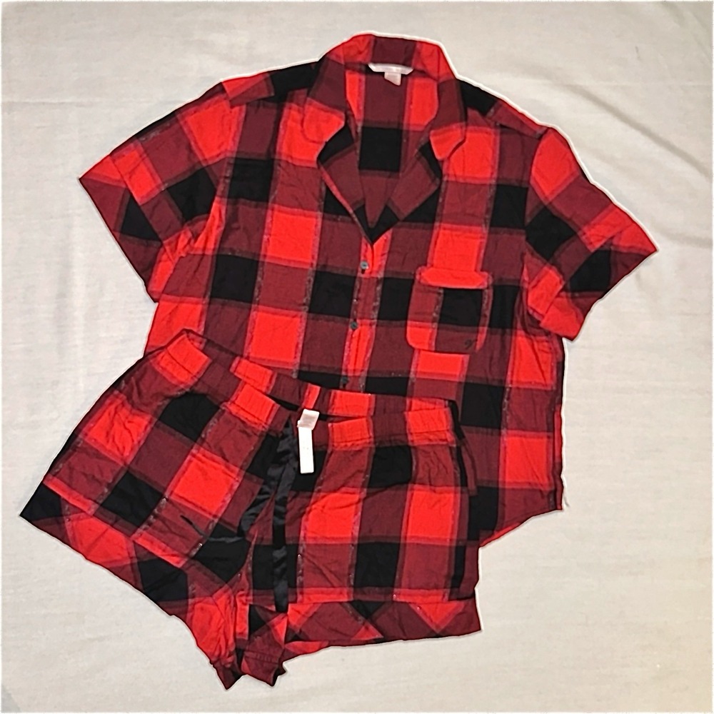 Victorias Secret Pajama Set Short Sleeve & Shorts Black Red Buffalo Plaid L NWT